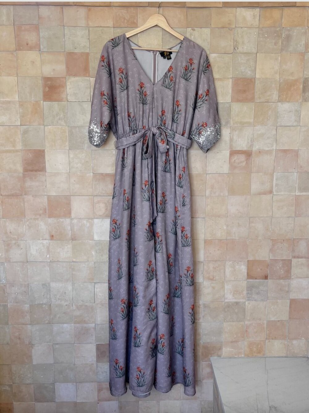 Sachin + Babi Lavender Floral Maxi Dress with Silver Sequin Cuffs